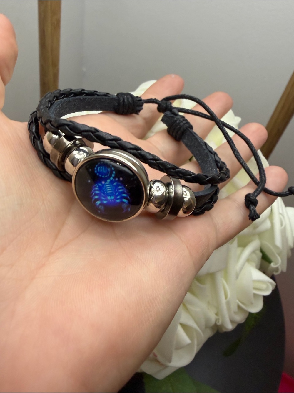 Black Braided Leather Wrap Bracelet with Blue Glass Accent